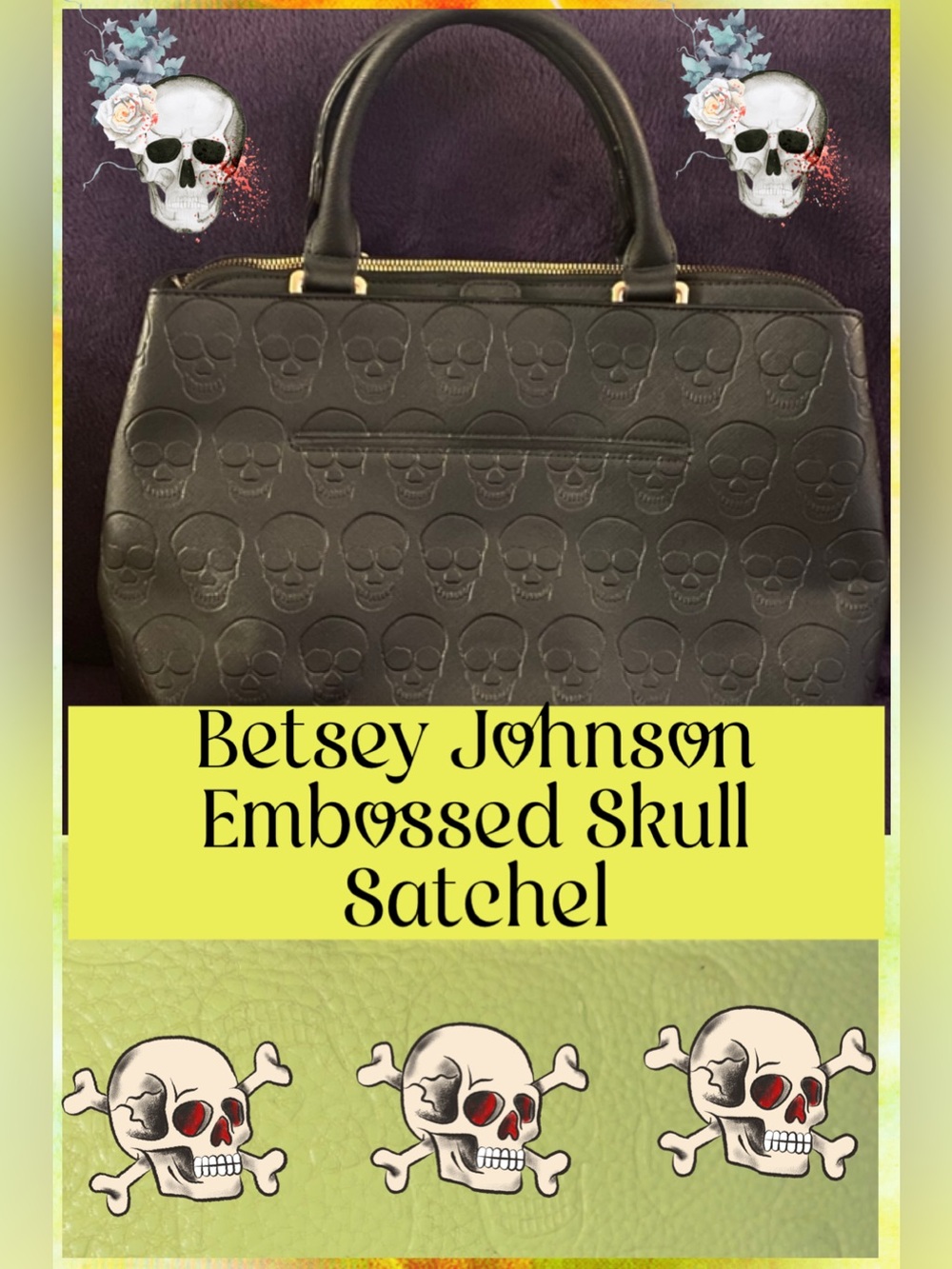 Betsey Johnson Black Embossed Skull Satchel